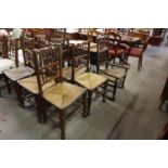 A SET OF SIX STAINED BEECH RUSH SEAT YORKSHIRE DINING CHAIRS (5 +1) AND A MATCHING ROCKING CHAIR (7)