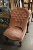 VICTORIAN LADY’S SCOOP BACKED, LOW SEAT, NURSING CHAIR, BUTTON UPHOLSTERED IN PINK VELVET, ON