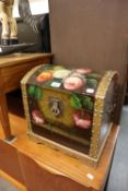 A PAINTED WOODEN DOME TOP BOX, SHAPE OF A TRUNK