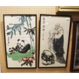 TWO CHINESE PAINTINGS, PANDAS AND A DEITY WITH TEXT AND SEAL SIGNATURE  (2)