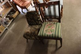 A VICTORIAN NURSING CHAIR ON TURNED FRONT SUPPORTS (A.F.) AND A MAHOGANY INLAID SINGLE CHAIR, HAVING