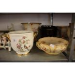 THREE PIECES OF FIELDING, ETC., DEVON WARE JARDINIÈRES, A TWO HANDLED BOWL (AS FOUND) AND 3 OTHER