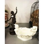 A CAST IRON, BRONZE EFFECT ALLEGORICAL FIGURE AND A WHITE POTTERY LOW PEDESTAL