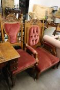 EDWARDIAN LADY’S CARVED OAK LOW SEATED DRAWING ROOM EASY ARMCHAIR, WITH BUTTON UPHOLSTERED PANEL