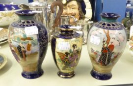 THREE JAPANESE PAINTED VASES, TWO OF SIMILAR SIZE AND FORM AND ONE SMALLER (BASE A.F.)