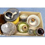 COLLECTION OF STUDIO POTTERY TO INCLUDE; A BRETBY CACHE POT, A CERAMIC WINE VESSEL IN WICKER CASING,