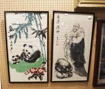 TWO CHINESE PAINTINGS, PANDAS AND A DEITY WITH TEXT AND SEAL SIGNATURE  (2)