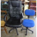 A LARGE REVOLVING OFFICE ARMCHAIR AND A TYPISTS REVOLVING CHAIR (2)