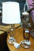 TWO TEAK RETRO TABLE LAMPS, ONE WITH SHADE (2)