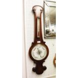AN EARLY TWENTIETH CENTURY WALNUT BANJO BAROMETER AND THERMOMETER, WITH SCROLL OUTLINE