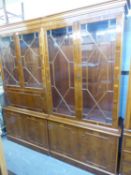A YEW WOOD LIBRARY BOOKCASE, THE UPPER SECTION HAVING FOUR ASTRAGAL GLAZED DOORS AND A DROP-DOWN