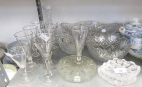 SELECTION OF GLASSWARE comprising; TWO GEORGE III WINE GLASSES with DRAWN TRUMPET BOWLS the stems
