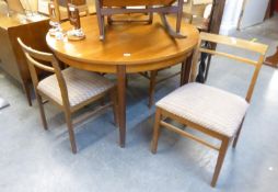 A TEAK CIRCULAR DINING TABLE WITH FOLD-AWAY LEAF AND A SET OF FOUR TEAK DINING CHAIRS (119cm