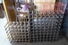 A WOOD AND METAL 72 BOTTLE WINE RACK AND A SMALL 15 BOTTLE WIRE PATTERN WINE RACK AND A SMALL