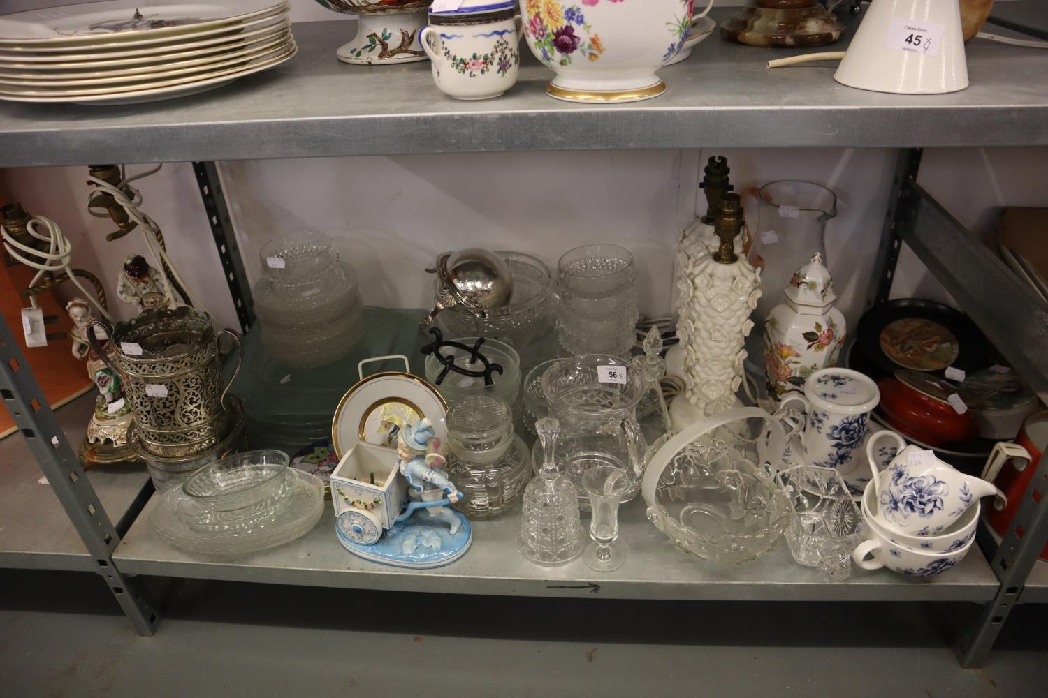 A CUT GLASS WATER JUG AND OTHER GLASSWARE AND DOMESTIC POTTERY etc.