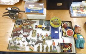 PRE-WAR TOYS TO INCLUDE; 4 COLD PAINTED LEAD SOLDIERS IN BROWN UNIFORMS, 3 COWBOYS AND AN INDIAN;