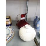 ROYAL COPENHAGEN RIBBED WHITE STUDIO VASE AND A CRANBERRY JUG (2)