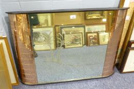 ART DECO CURVED SHAPED WALL MIRROR, HAVING SECTIONAL COLOURED ENDS AND A PINEAPPLE TREE CENTRAL