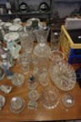 GOOD SELECTION OF CUT GLASS TO INCLUDE; 3 VASES, POWDER BOWLS AND COVERS, SMALL WATERFORD CUT
