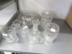 TWO HEAVY CUT GLASS FRUIT BOWLS; A SET OF SIX CUT GLASS SUNDAE DISHES; A CUT GLASS VINEGAR BOTTLE