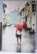 GEMMA FERNS (ROMILY) PHOTO LITHOGRAPH ON FABRIC 'RED UMBRELLA (MALAYSIA)' LABELLED VERSO, MOUNTED ON