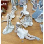 FOUR NAO FIGURES, VIZ, BALLET DANCERS RESTING, ONE NAO GEESE FIGURE AND A SPANISH PORCELAIN FIGURE