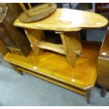 A LARGE WALNUTWOOD OBLONG TWO-TIER COFFEE TABLE, TOGETHER WITH A RUSTIC COFFEE TABLE (2)