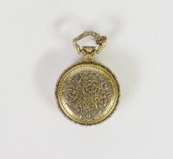 LADY'S BULER SMALL FOB WATCH with 17 jewels keyless movement, gilt roman dial, floral chased gilt