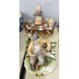 TWO PIECES OF CAPO DI MONTE PORCELAIN, OLD MAN ON A BENCH AND CHILDREN AND GRANDMOTHER ROUND THE