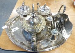 VICTORIAN STYLE SMALL ELECTROPLATE TEA SET OF 3 PIECES, PAIR OF CONDIMENTS, TRAY ETC....
