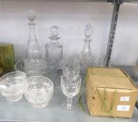 SELECTION OF MODERN CUT GLASSWARE comprising; THREE DECANTERS, SIX SUNDAE GLASSES, SIX STEM