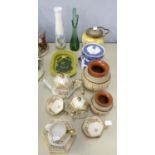A SELECTION OF ITEMS TO INCLUDE; CERAMIC BISCUIT CONTAINERS, TWO POSSIBLY MURANO GLASS VASES AND A