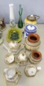 A SELECTION OF ITEMS TO INCLUDE; CERAMIC BISCUIT CONTAINERS, TWO POSSIBLY MURANO GLASS VASES AND A