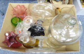 COLLECTION OF CLEAR AND COLOURED GLASS TO INCLUDE; TWO DOMES, A PEDESTAL BOWL, CRANBERRY GLASS VASES