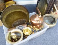 SMALL VICTORIAN COPPER KETTLE, CARRIAGE FOOT WARMER AND A DINNER GONG, PLUS TRIVETS, BOWLS AND OTHER
