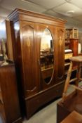 EDWARDIAN MARQUETRY INLAID MAHOGANY HANG WARDROBE, WITH OVAL MIRROR PANEL DOOR, ONE LONG DRAWER