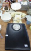 SET of KITCHEN SCALES, a PRESS-BUTTON TELEPHONE, BATHROOM SCALES, and a WHITE GLAZED JELLY MOULD (4)