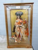 JAPANESE COSTUME DOLL, ELABORATELY DRESSED AS A GEISHA, 17" HIGH (43cm) IN OAK AND GLAZED CASE, A