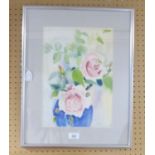 ANTONY L. JONES WATERCOLOUR DRAWING BLUE VASES WITH PINK ROSES SIGNED LOWER RIGHT 13 3/4" x 9 3/