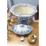 A POST-WAR ORIENTAL REPRODUCTION BLUE AND WHITE OCTAGONAL PORCELAIN JARDINIERE AND A LARGE