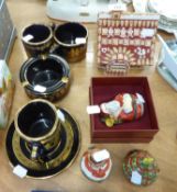 VICEROY AND BOSH COTTAGE CANDLE HOLDER AND 3 VICEROY AND BOCH CHINA BOXES WITH HINGED LIDS, (