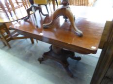A WILLIAM IV MAHOGANY PEDESTAL FOLD OVER TEA TABLE, RAISED ON AN OCTAGONAL BALUSTER SHAPED CENTRAL