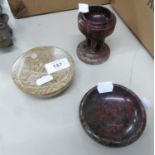 CORNISH SERPENTINE CARVED MINIATURE FONT, IN REDS AND CHOCOLATE BROWN, WITH MATCHING BOWL AND AN