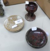 CORNISH SERPENTINE CARVED MINIATURE FONT, IN REDS AND CHOCOLATE BROWN, WITH MATCHING BOWL AND AN