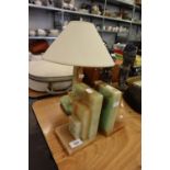 PAIR OF ART DECO STYLE GREEN ONYX BOOKENDS, TOGETHER WITH A MATCHING MODERNIST LAMP BASE (3)