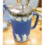 ANTIQUE WEDGWOOD DARK BLUE AND WHITE JASPERWARE HOT WATER JUG, WITH A FREE RELIEF COLLAR OF FRUITING