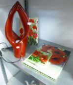 FOUR MOORCROFT STYLE 'POPPY PATTERN' RECTANGULAR WALL PLAQUE PLUS A 'NEXT' MODERNIST TABLE LAMP