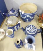 A WEDGWOOD JASPERWARE JARDINIERE, A BISCUIT CONTAINER WITH E.P. COVER, TWO TEAPOTS WITH THREE