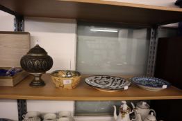 PERSIAN POTTERY PLATE, IN BLUE AND WHITE, KULFIE SCRIPT, HAND DECORATED BOWL (A.F.) AND A WHITE