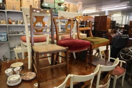 TWO VICTORIAN MAHOGANY DINING CHAIRS AND AN OAK RUSH SEAT DINING CHAIR (2)